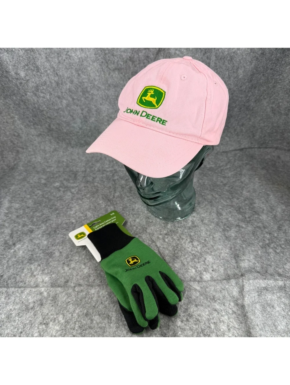 Bundle Girl’s John Deere Adjustable Size Hat Cap & Work Gloves Pink Green 071